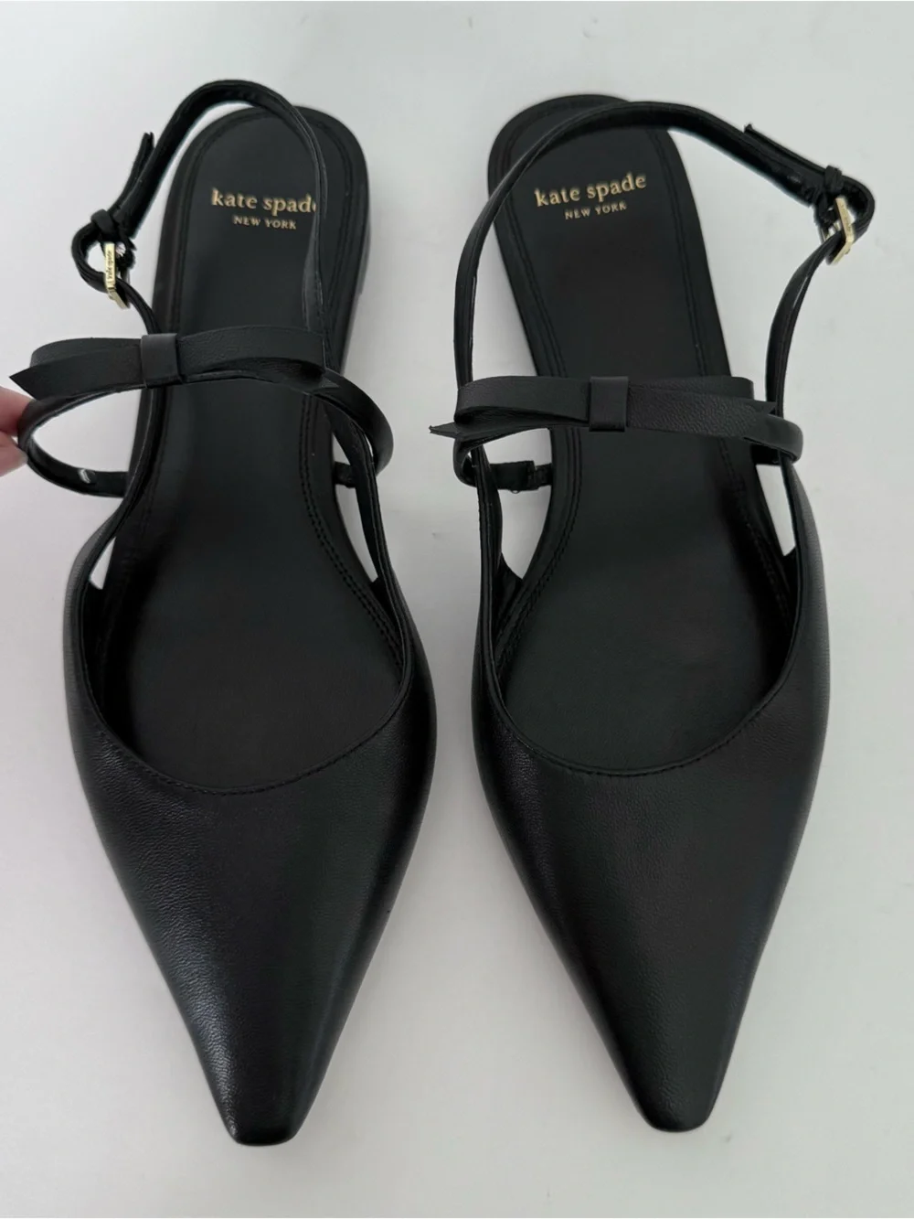Kate Spade Carolina Flat Slingback Black Leather Pointed Toe Mary Jane Bow